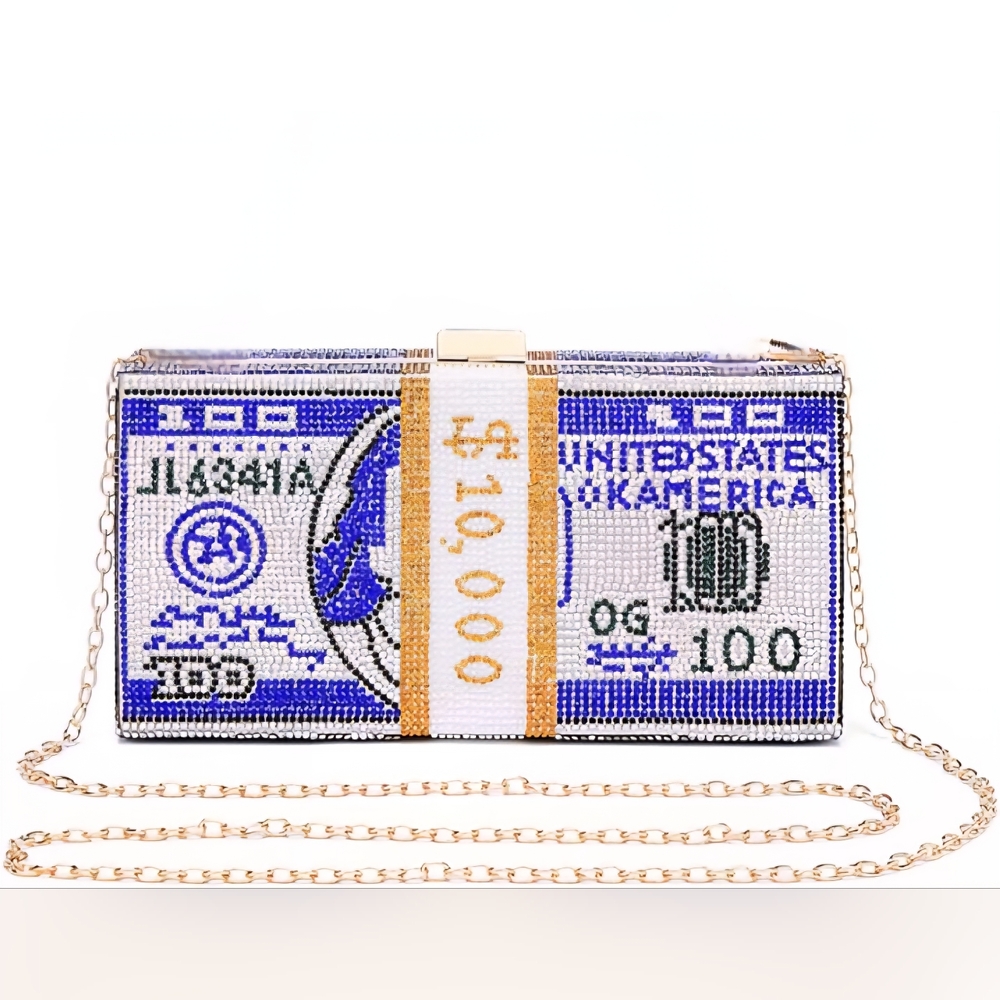 Dark Blue Bling Rhinestone $10,000 Money Bag Purse Clutch Crossbody New